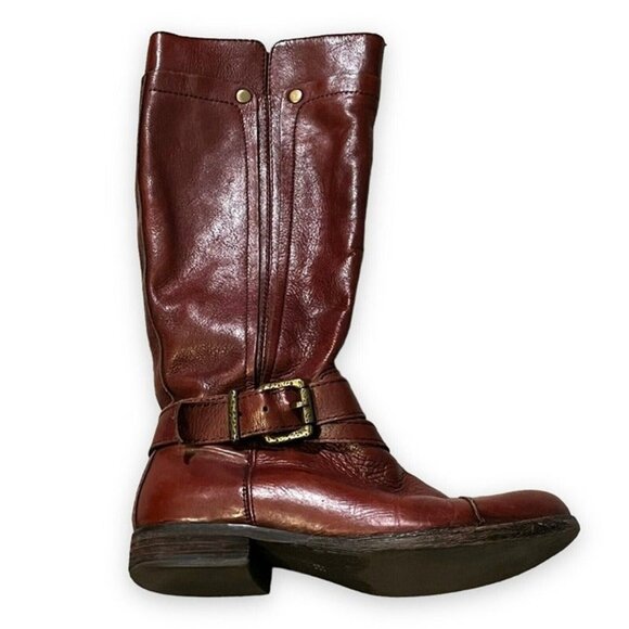 Miz Mooz Bono Tall Riding Boots Brown Leather Side Zip Buckle Low Heel  Size 6.5 - Picture 1 of 12